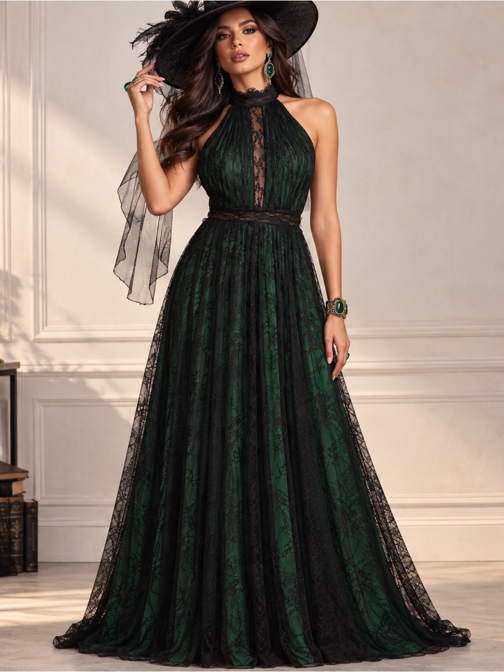 NWT Designer Zac Posen x Wicked Halter Chiffon & Lace Witch Elphaba Gown, Size 6